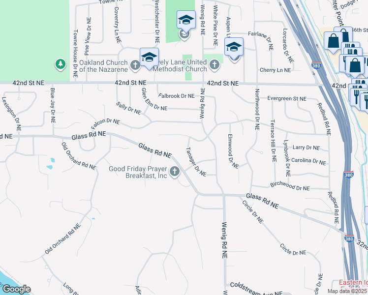 map of restaurants, bars, coffee shops, grocery stores, and more near 2603 Brookland Drive Northeast in Cedar Rapids