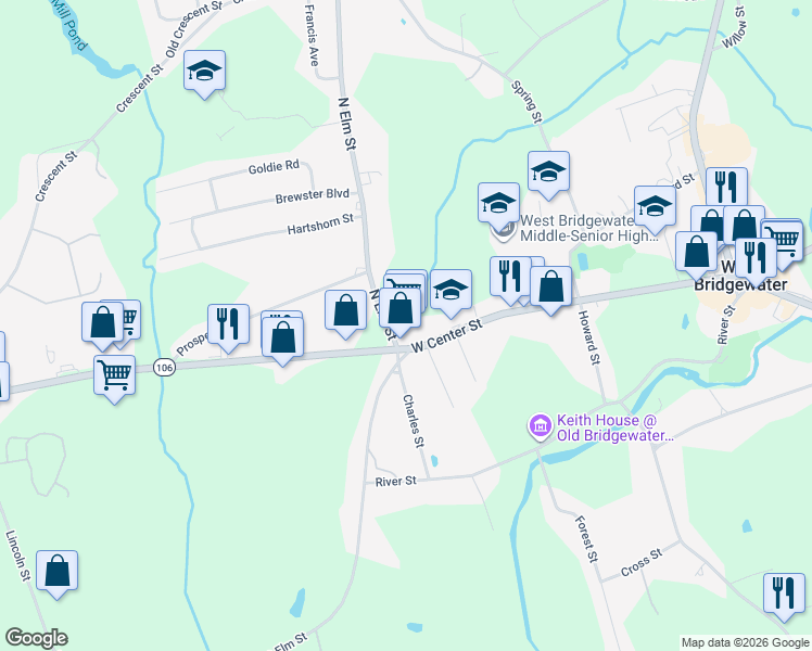 map of restaurants, bars, coffee shops, grocery stores, and more near 235 West Center Street in West Bridgewater
