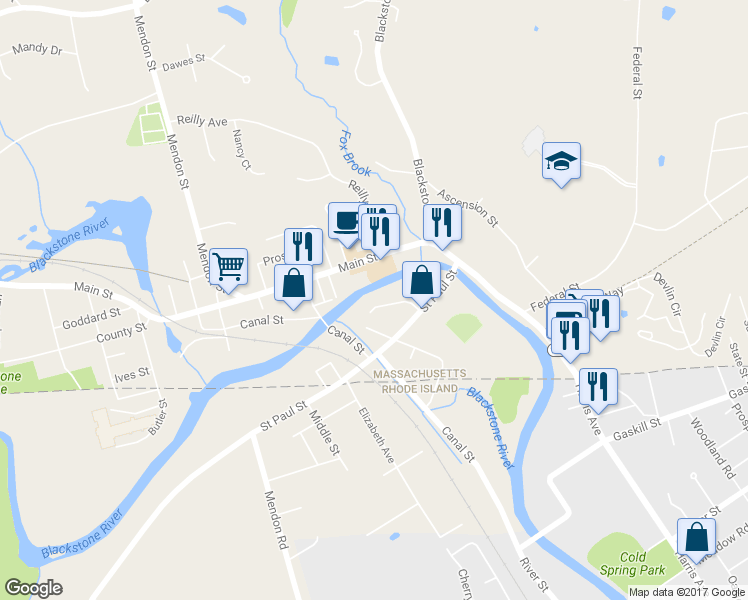 map of restaurants, bars, coffee shops, grocery stores, and more near 19 Rivers Edge Road in Blackstone