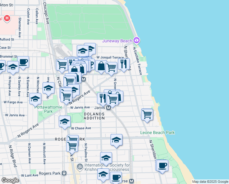 map of restaurants, bars, coffee shops, grocery stores, and more near 7456 North Greenview Avenue in Chicago
