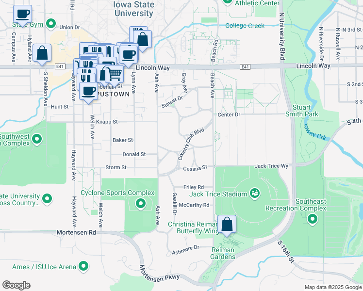 map of restaurants, bars, coffee shops, grocery stores, and more near 2105 Country Club Boulevard in Ames