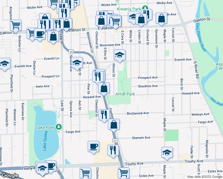 map of restaurants, bars, coffee shops, grocery stores, and more near 1939 Deane Street in Des Plaines