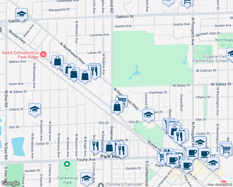 map of restaurants, bars, coffee shops, grocery stores, and more near 500 North Northwest Highway in Park Ridge