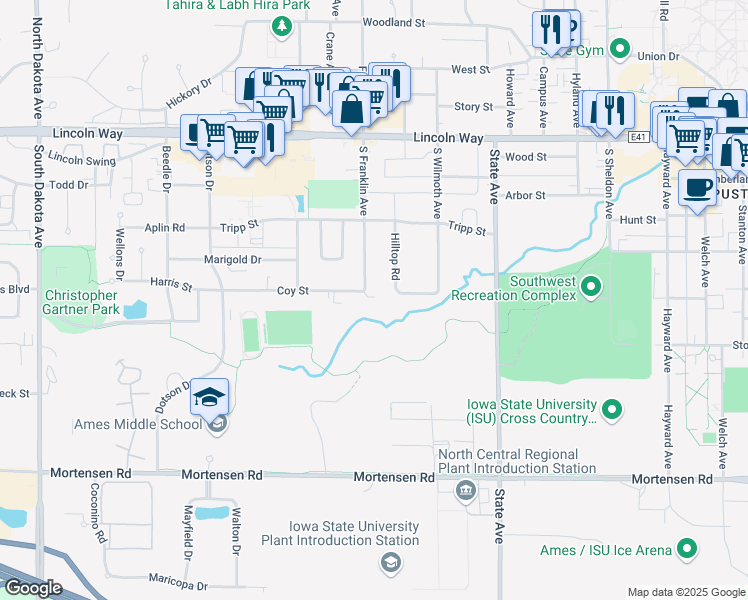 map of restaurants, bars, coffee shops, grocery stores, and more near 506 South Franklin Avenue in Ames