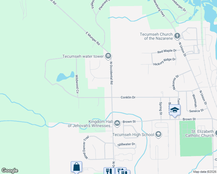 map of restaurants, bars, coffee shops, grocery stores, and more near 805 North Occidental Road in Tecumseh