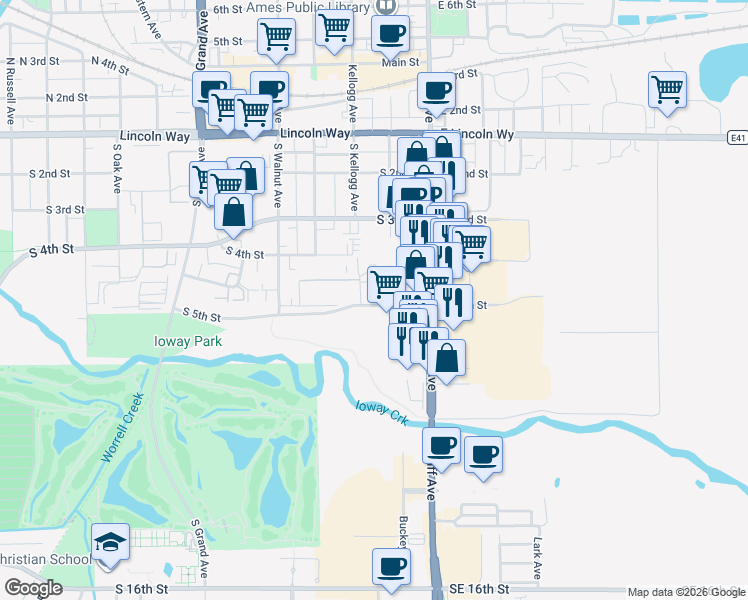 map of restaurants, bars, coffee shops, grocery stores, and more near 207 South 5th Street in Ames