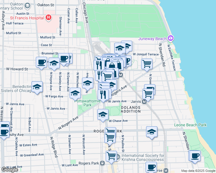 map of restaurants, bars, coffee shops, grocery stores, and more near 7459 North Clark Street in Chicago