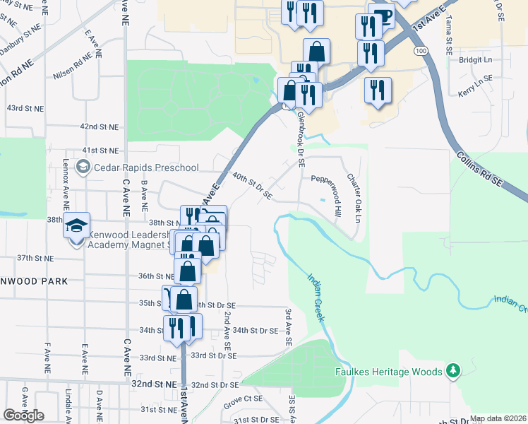 map of restaurants, bars, coffee shops, grocery stores, and more near 205 40th Street Drive Southeast in Cedar Rapids