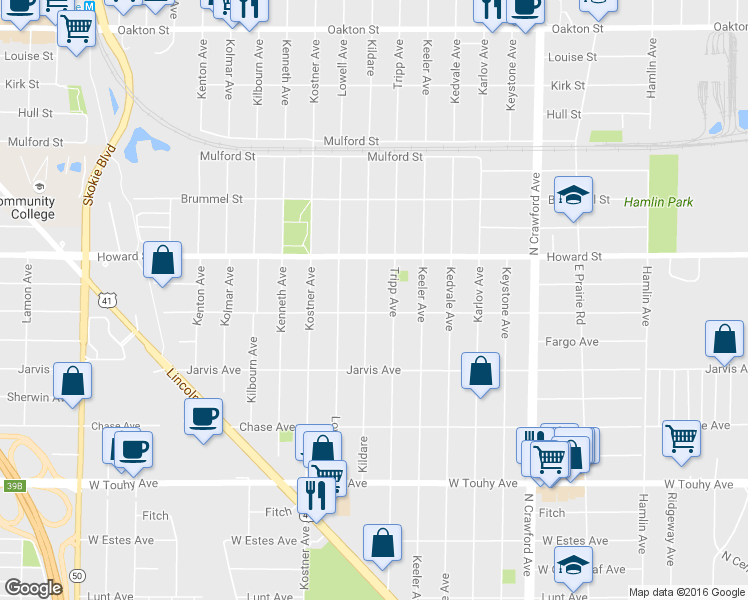 map of restaurants, bars, coffee shops, grocery stores, and more near 7511 Kildare Avenue in Skokie