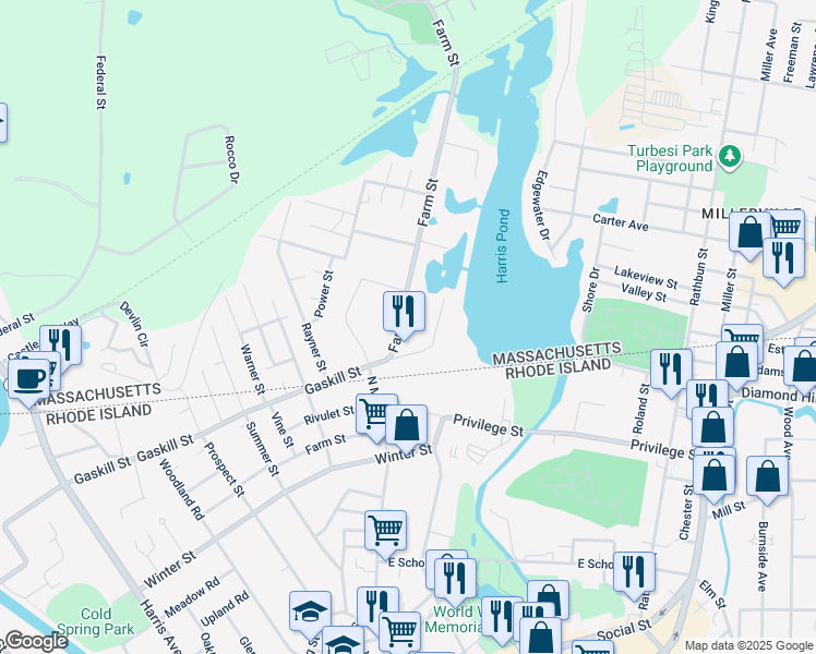 map of restaurants, bars, coffee shops, grocery stores, and more near 9 Farm Street in Blackstone