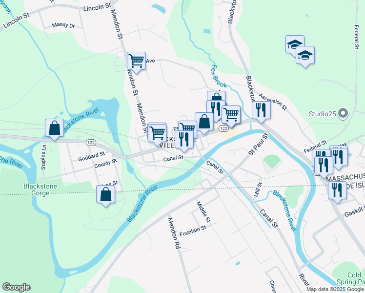 map of restaurants, bars, coffee shops, grocery stores, and more near 178 Main Street in Blackstone
