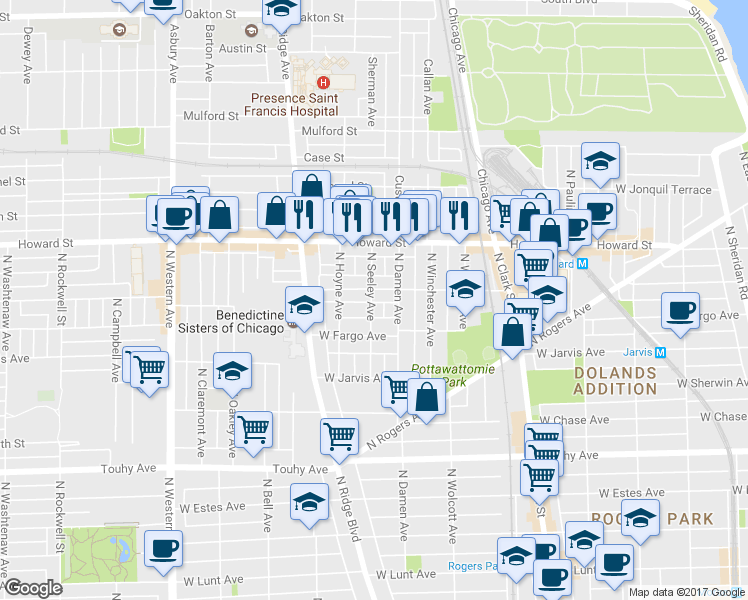 map of restaurants, bars, coffee shops, grocery stores, and more near 2012 West Birchwood Avenue in Chicago