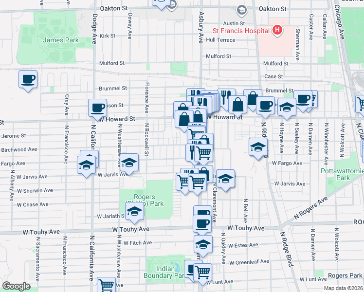 map of restaurants, bars, coffee shops, grocery stores, and more near 7530 North Western Avenue in Chicago
