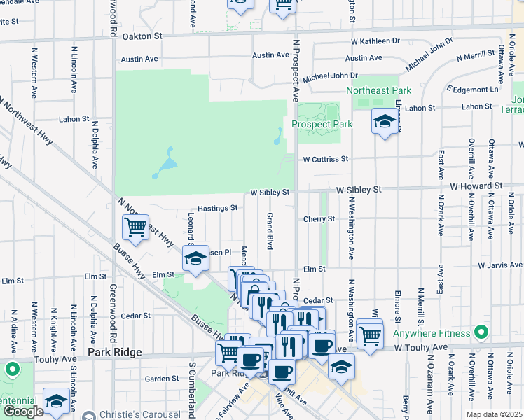 map of restaurants, bars, coffee shops, grocery stores, and more near 523 Grand Boulevard in Park Ridge