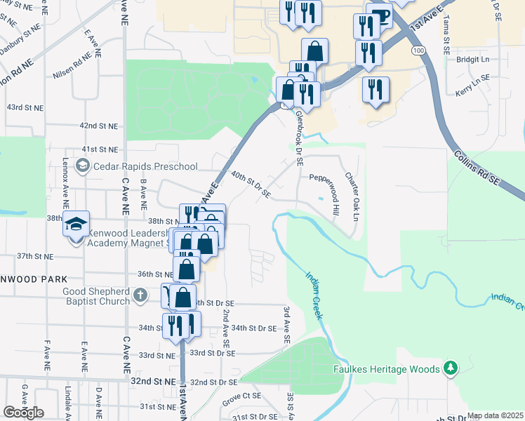 map of restaurants, bars, coffee shops, grocery stores, and more near 205 40th Street Drive Southeast in Cedar Rapids