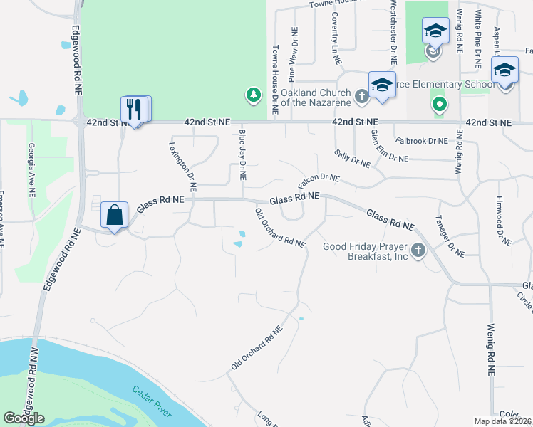 map of restaurants, bars, coffee shops, grocery stores, and more near 3449 Sycamore Court Northeast in Cedar Rapids