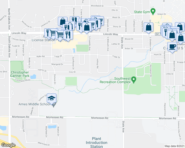 map of restaurants, bars, coffee shops, grocery stores, and more near 408 South Franklin Avenue in Ames