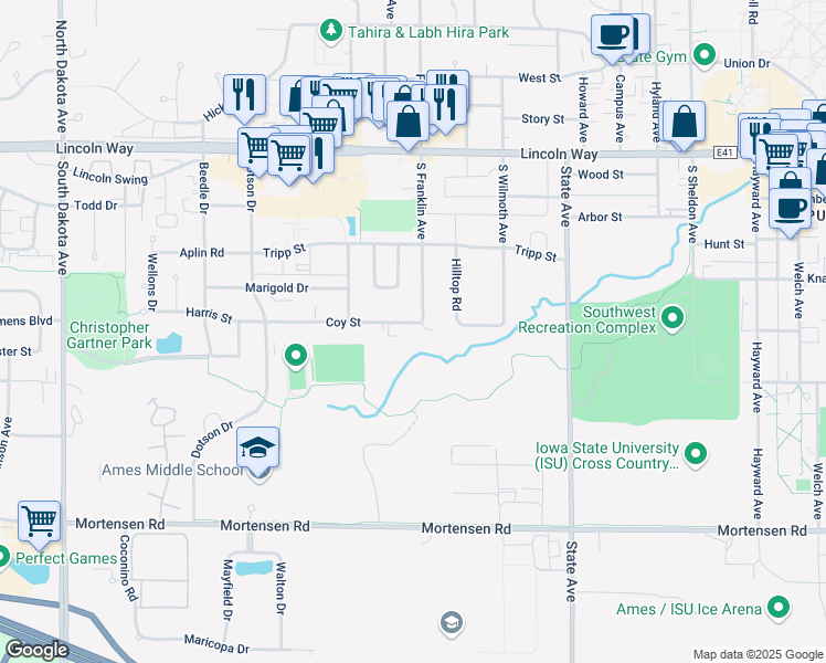 map of restaurants, bars, coffee shops, grocery stores, and more near 408 South Franklin Avenue in Ames