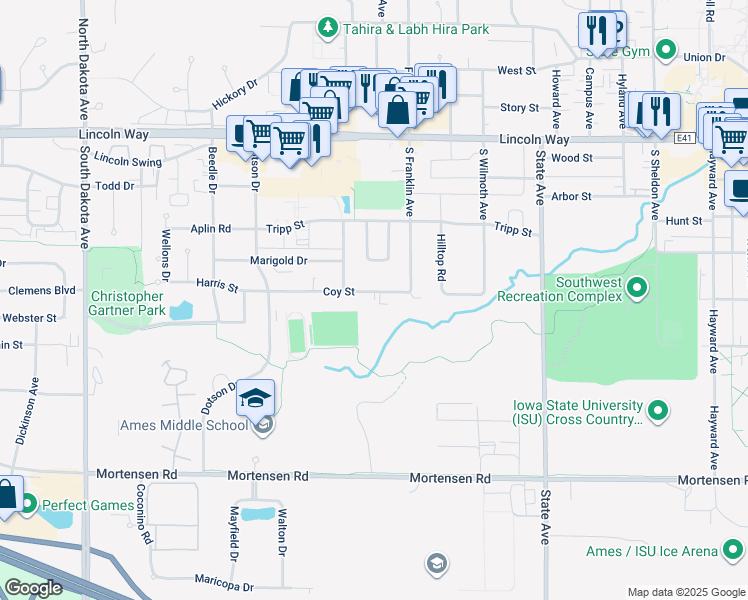 map of restaurants, bars, coffee shops, grocery stores, and more near 3421 Coy Street in Ames