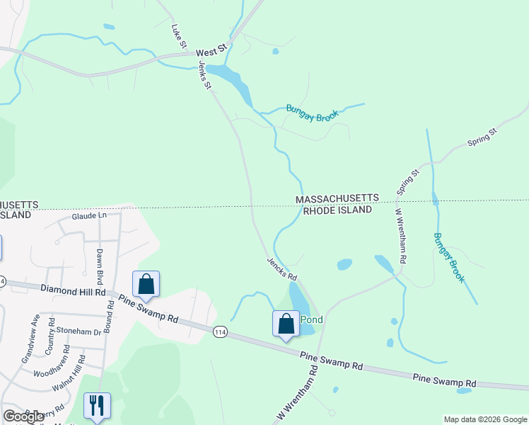map of restaurants, bars, coffee shops, grocery stores, and more near 42 Jencks Road in Cumberland