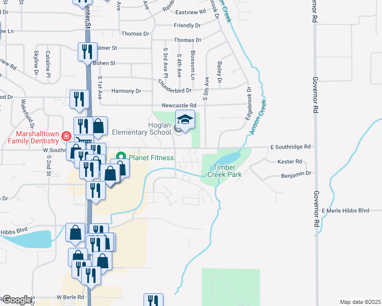 map of restaurants, bars, coffee shops, grocery stores, and more near 403 East Southridge Road in Marshalltown