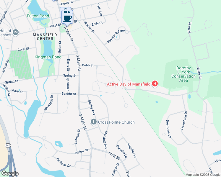map of restaurants, bars, coffee shops, grocery stores, and more near 25 Cobb Street in Mansfield