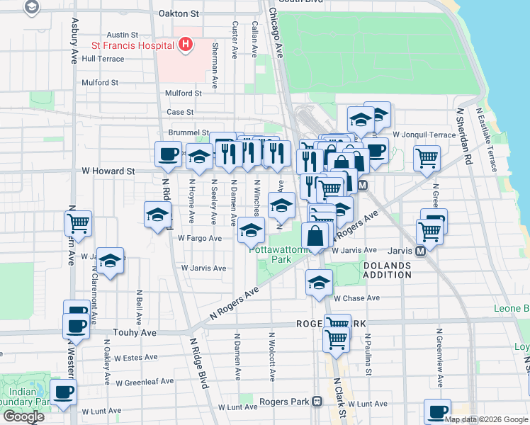 map of restaurants, bars, coffee shops, grocery stores, and more near 1902 West Birchwood Avenue in Chicago