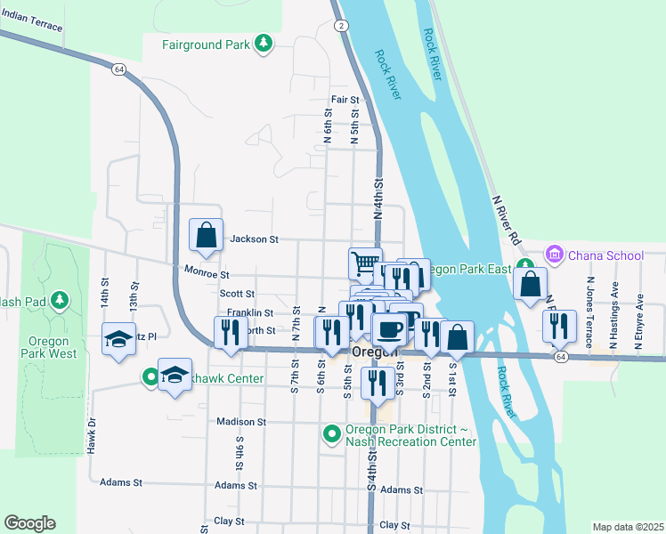 map of restaurants, bars, coffee shops, grocery stores, and more near 306 North 5th Street in Oregon