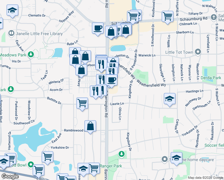 map of restaurants, bars, coffee shops, grocery stores, and more near 395 South Barrington Road in Schaumburg