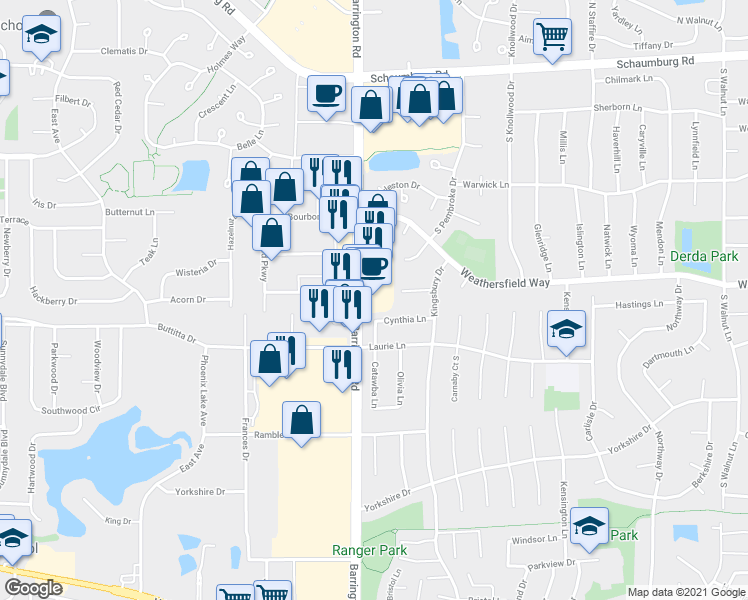 map of restaurants, bars, coffee shops, grocery stores, and more near 395 South Barrington Road in Schaumburg