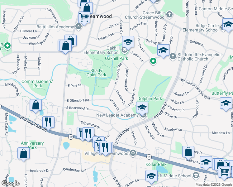 map of restaurants, bars, coffee shops, grocery stores, and more near 801 Dorman Drive in Streamwood