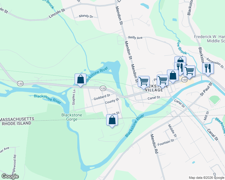 map of restaurants, bars, coffee shops, grocery stores, and more near 228 Main Street in Blackstone