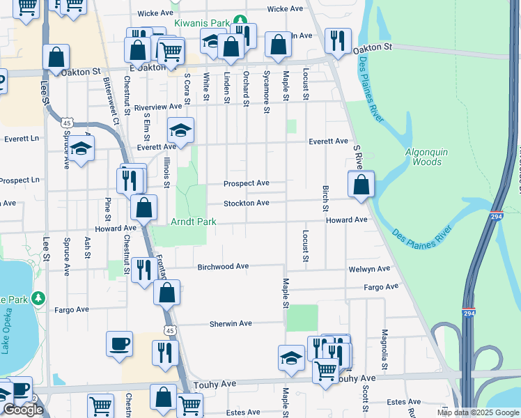 map of restaurants, bars, coffee shops, grocery stores, and more near 1765 Stockton Avenue in Des Plaines