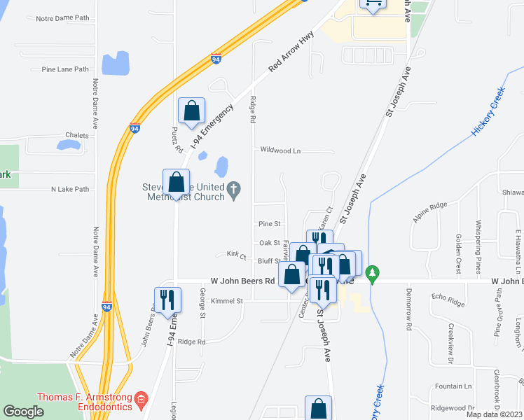 map of restaurants, bars, coffee shops, grocery stores, and more near 5515 Ridge Road in Stevensville