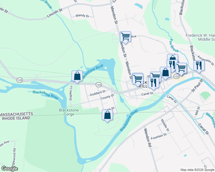 map of restaurants, bars, coffee shops, grocery stores, and more near 228 Main Street in Blackstone