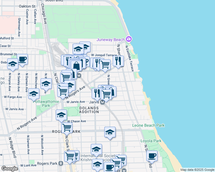 map of restaurants, bars, coffee shops, grocery stores, and more near 1506 West Fargo Avenue in Chicago
