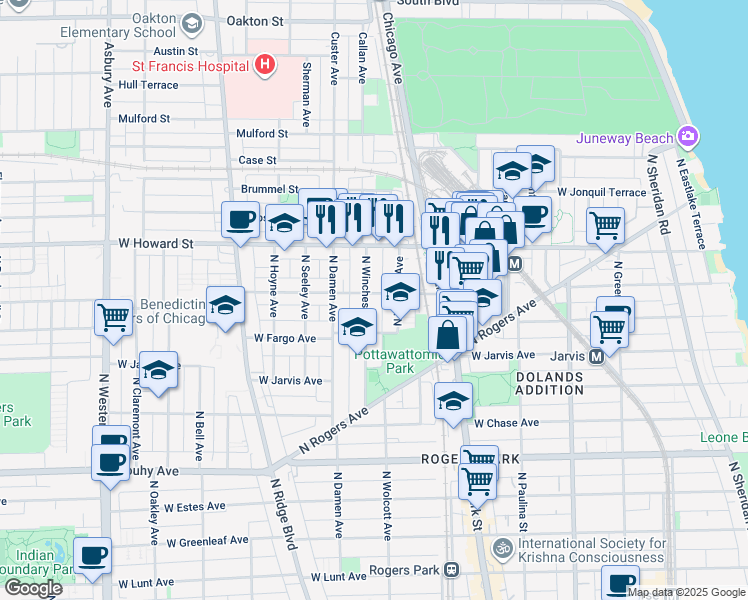 map of restaurants, bars, coffee shops, grocery stores, and more near 1902 West Birchwood Avenue in Chicago