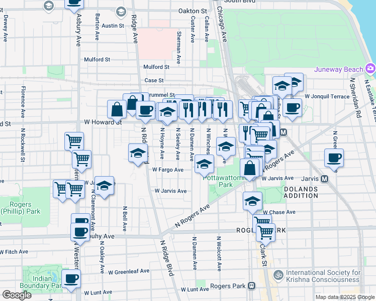 map of restaurants, bars, coffee shops, grocery stores, and more near 2012 West Birchwood Avenue in Chicago