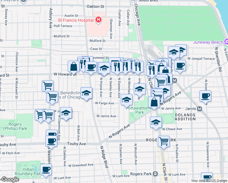 map of restaurants, bars, coffee shops, grocery stores, and more near 2012 West Birchwood Avenue in Chicago