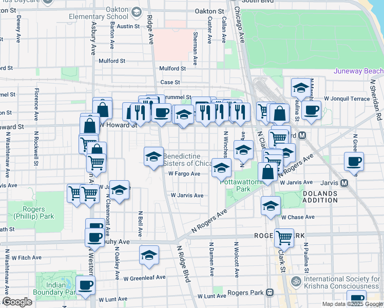 map of restaurants, bars, coffee shops, grocery stores, and more near 2050 West Birchwood Avenue in Chicago