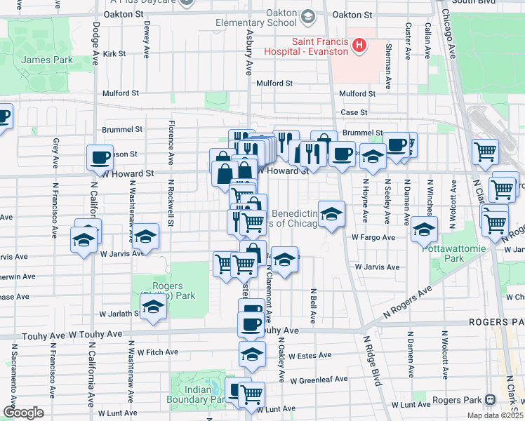 map of restaurants, bars, coffee shops, grocery stores, and more near 7517 North Western Avenue in Chicago