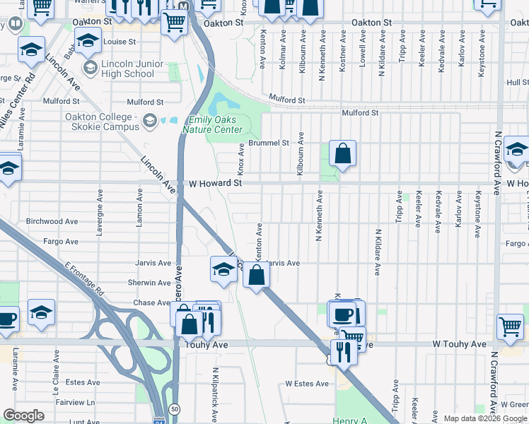 map of restaurants, bars, coffee shops, grocery stores, and more near 7527 Kenton Avenue in Skokie