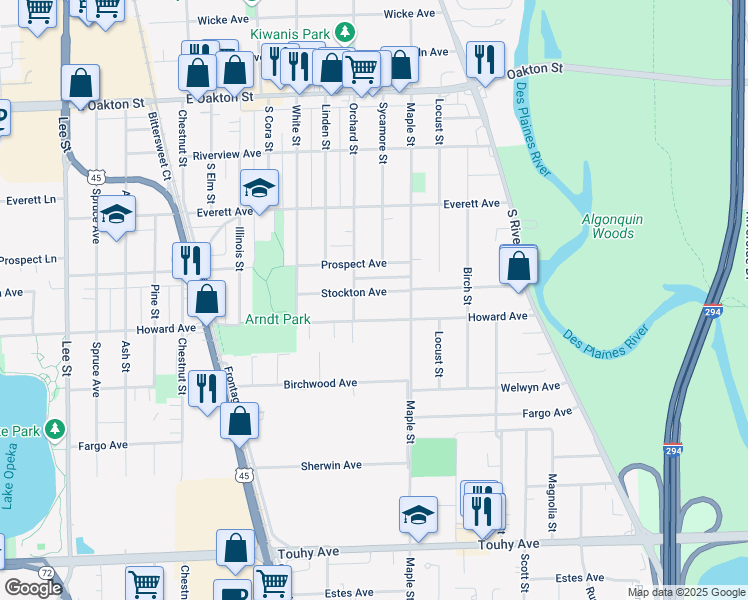 map of restaurants, bars, coffee shops, grocery stores, and more near 1765 Stockton Avenue in Des Plaines