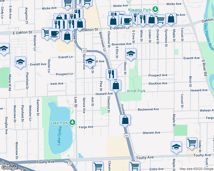 map of restaurants, bars, coffee shops, grocery stores, and more near 1940 South Chestnut Street in Des Plaines