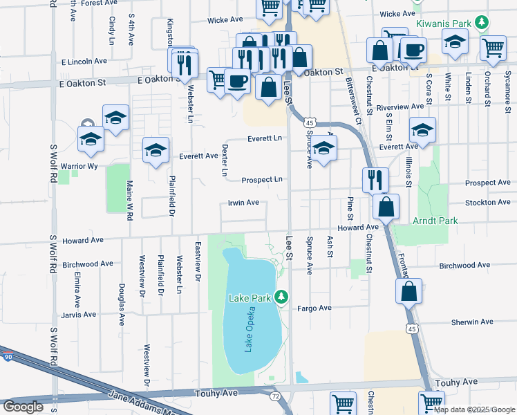 map of restaurants, bars, coffee shops, grocery stores, and more near 1074 Irwin Avenue in Des Plaines