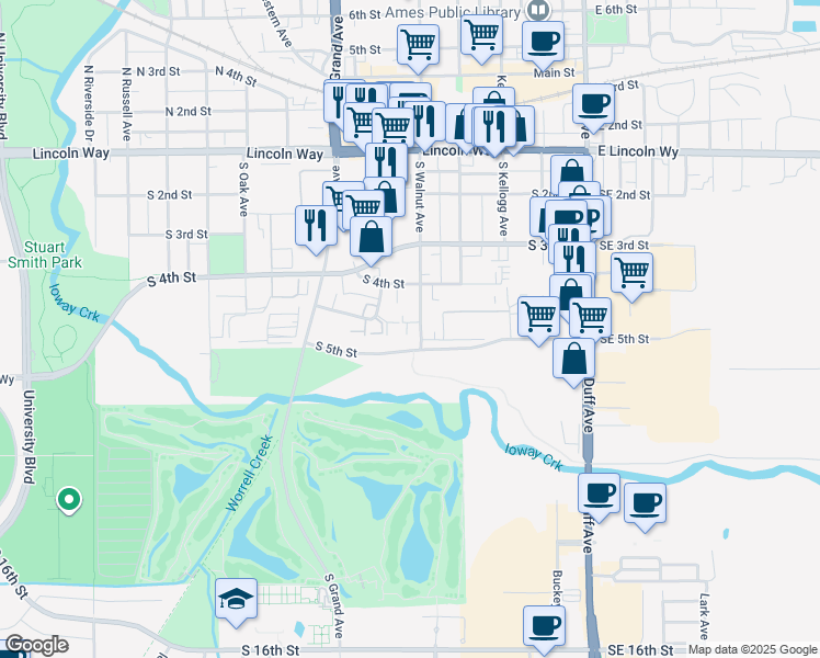 map of restaurants, bars, coffee shops, grocery stores, and more near 422 Stonehaven Drive in Ames