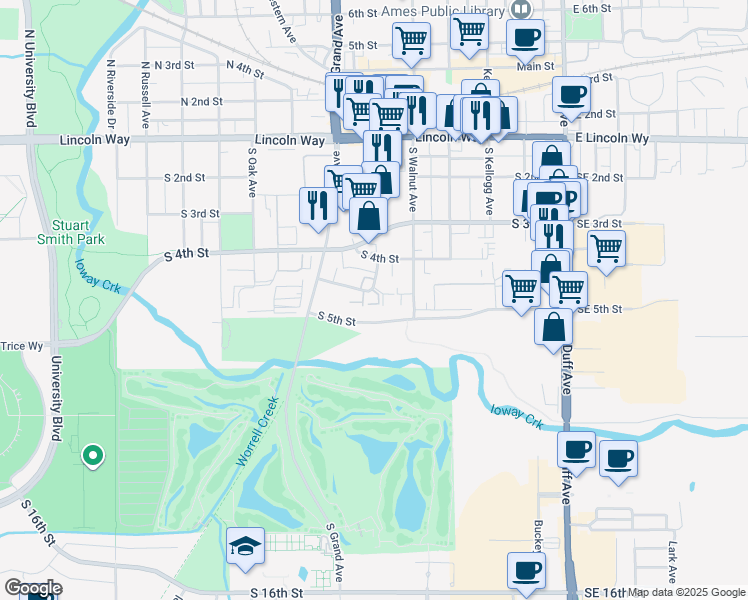 map of restaurants, bars, coffee shops, grocery stores, and more near 422 Stonehaven Drive in Ames