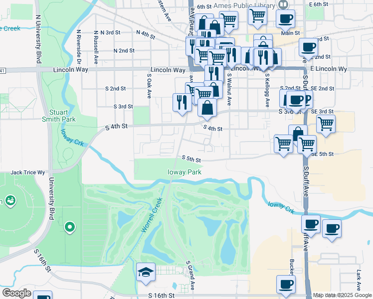 map of restaurants, bars, coffee shops, grocery stores, and more near 644 Squaw Creek Drive in Ames