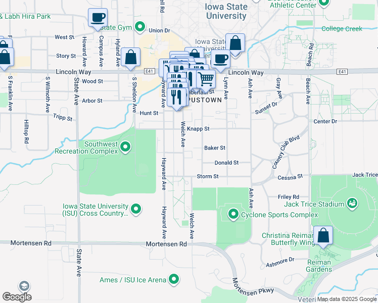 map of restaurants, bars, coffee shops, grocery stores, and more near 432 Welch Avenue in Ames