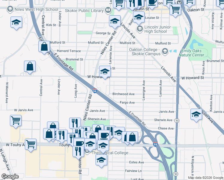 map of restaurants, bars, coffee shops, grocery stores, and more near 7516 Laramie Avenue in Skokie